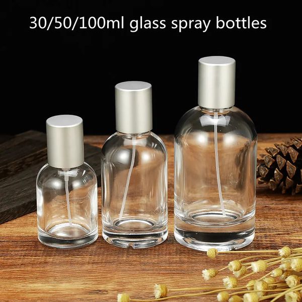 30ml50ml100ml vidro transparente premium frascos de perfume spray garrafas redondas vazias friso bomba cabeça perfume garrafa 240229