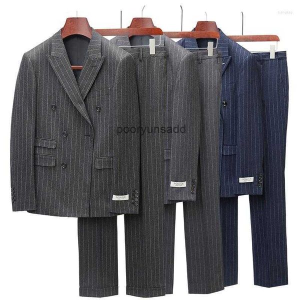 Herrenanzüge, zweireihig, für Herren, grau, marineblau, gestreift, Gentleman-Anzug, zweiteilig, für Herren, Grooming, neueste Mantel-Hose-Designs, Q1137