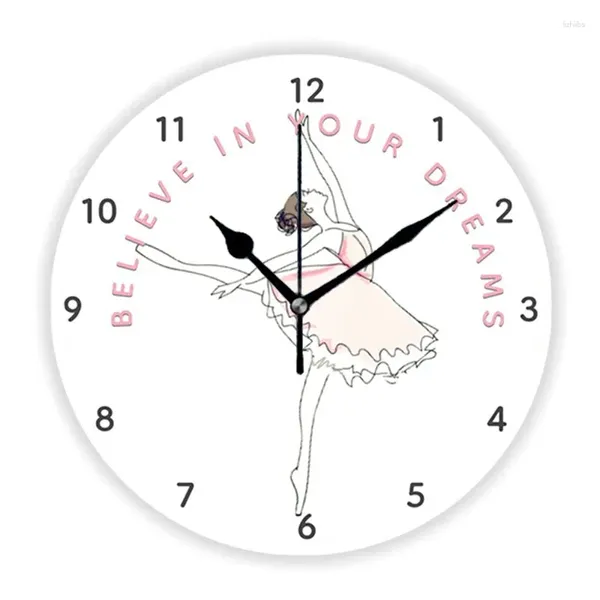 Wanduhren Pink Believe In Your Dream Ballerina Girl Dancing Ballet Decor Chic Dancer Clock Watch für Wohnzimmer Schlafzimmer Geschenk