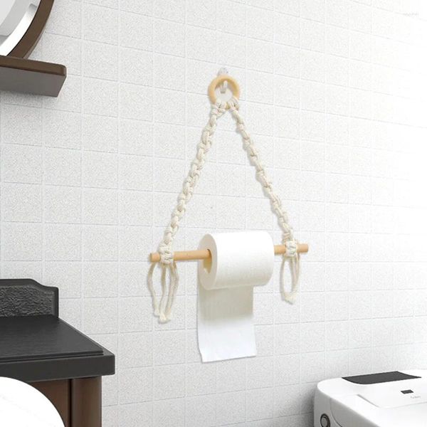 Tapeçarias Bohemia Banheiro Prateleira Mão-tecida Macrame Suporte de Papel Higiênico El Roll Tecido Pendurado Rack De Madeira