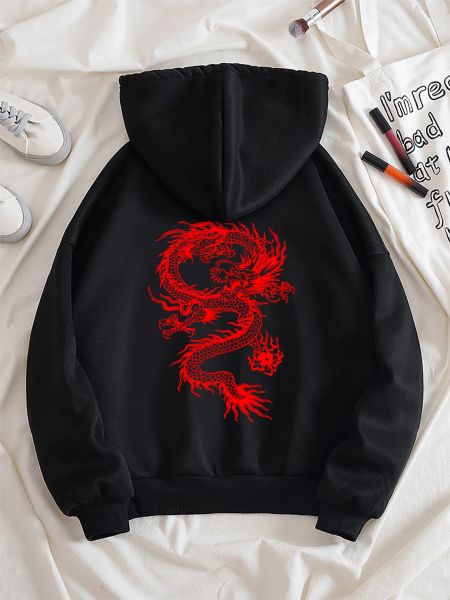 Sweatshirts Red Dragon Pattern Gedruckt Hoody Damen Harajuku Weiche Sweatshirts Mode Warm Mit Kapuze Herbst Fleece Casual Frau Sportswear