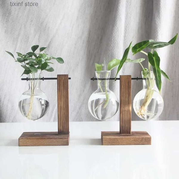 Vasos moda vidro desktop plantador bulbo vaso de madeira suporte planta hidropônica recipiente casa mesa decoração vasos sala estar decoração t240309