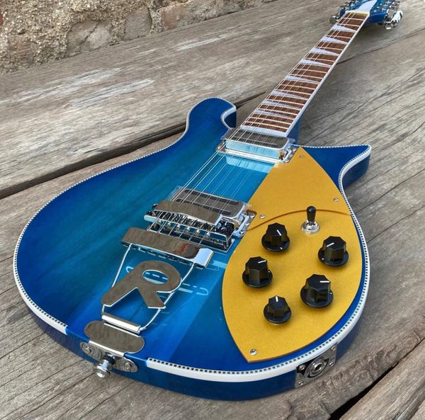 Guitarra elétrica personalizada de pescoço através do corpo 660, guitarra azul de 12 cordas, pickguard dourado, ponte em forma de R, encadernação em espinha de peixe