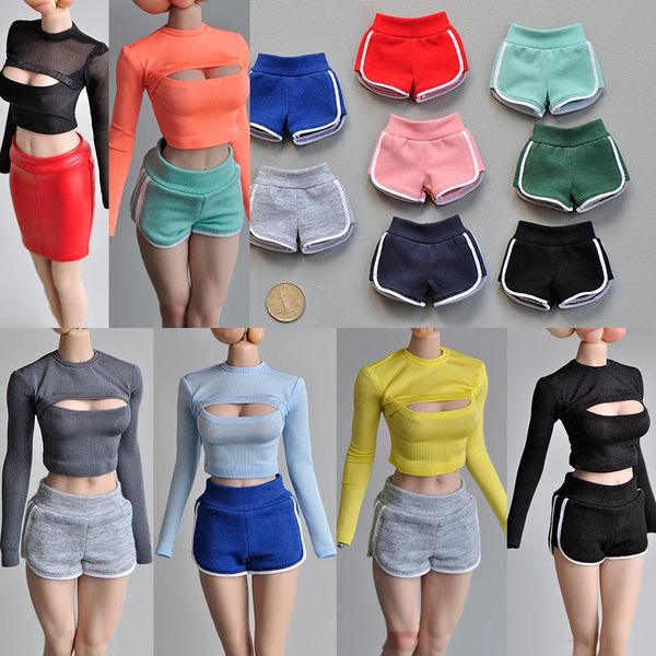 1/6 escala figura feminina acessórios roupas peito aberto camiseta camisa de fundo curto calças saia de couro modelo para 12 corpo 240227