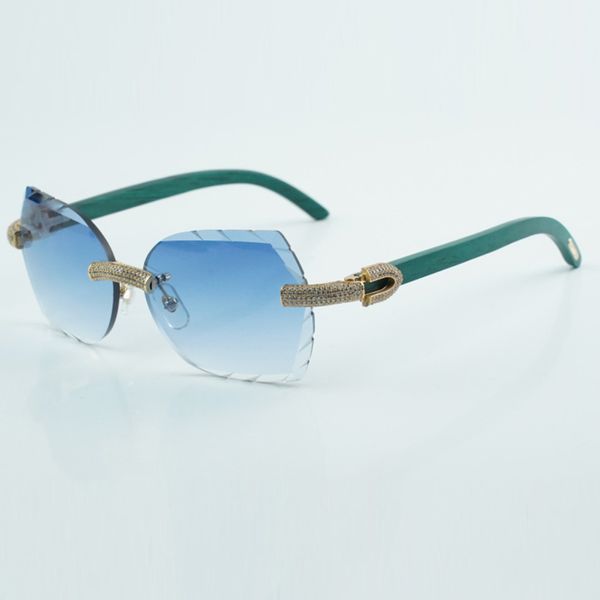 Nuove vendite dirette in fabbrica mini lenti a taglio completamente intarsiato con occhiali da sole con diamanti micro-pravati 8300817 occhiali da sole con gamba in legno verde naturale 18-135mm