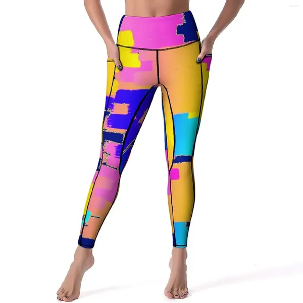 Leggings femininas vibrantes colorblock calças de yoga bolsos impressão colorida sexy cintura alta moda esportes collants elástico correndo leggins