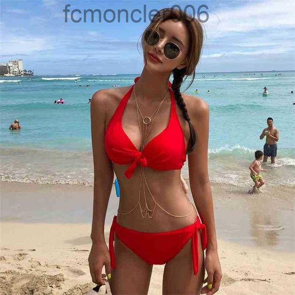 Mayo Kadınlar Halter Bikini Yaz Seksi Kırmızı Siyah Katı Mayo Yukarı Yukarı Baliye Yüzme Takımları Bandaj Banyosu 210625 6ZJY