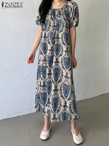 Zanzea Tatil Yaz Maksi Elbise Kadınlar Moda Kısa Kollu Çöp Vintage Baskılı Bandaj O yaka Sundress Sıradan Gevşek Vestidos 240307