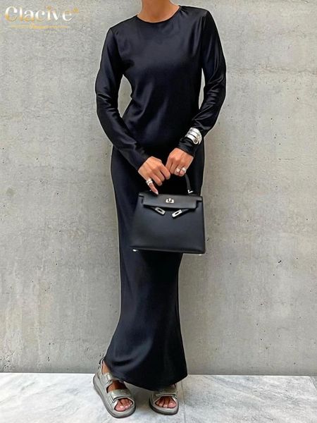 Vestidos casuais clacive preto cetim feminino 2024 elegante o-pescoço manga longa tornozelo comprimento vestido moda simples feminino de seda