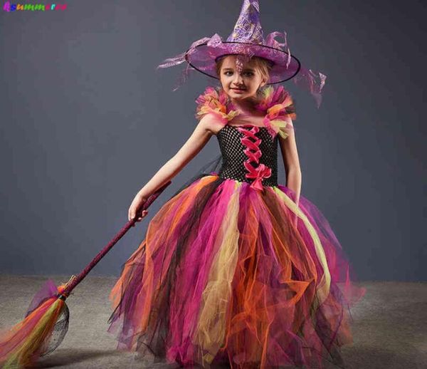 Strega cattiva Halloween Vieni per ragazze Abito magico di colore Abito tutu con cappello e scopa Bambini Cosplay Festa di carnevale Abiti fantasia L22076967053