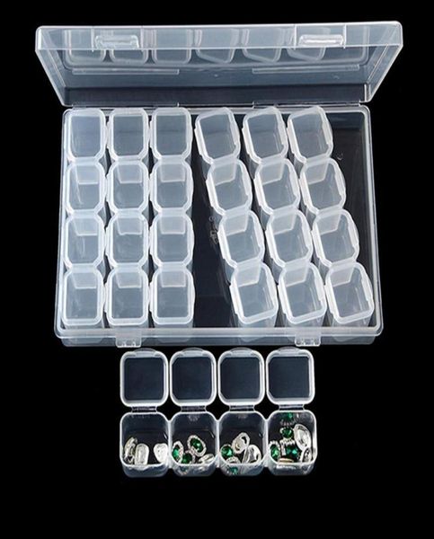 Caixas de armazenamento caixas de jóias transparentes recipiente com divisórias removíveis 28 grades nail art strass diamantes contas brincos di8510753