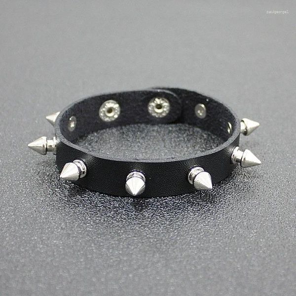 Charm-Armbänder Unisex Damen Punk Schwarz Armband Silber Farbe Spike Nieten Kegel Leder Manschette Armband Verstellbare Armreifen