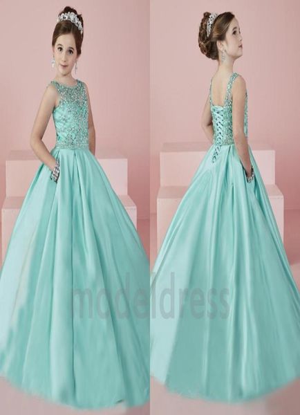 New Shinning Girl039s Pageant Vestidos 2019 Sheer Neck Frisado Cristal Cetim Menta Verde Flor Menina Vestidos Formal Vestido de Festa Para 3148086939