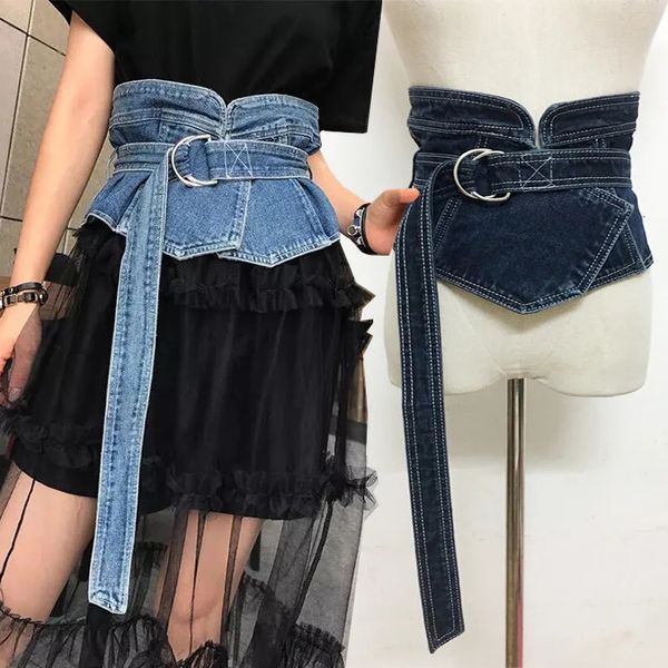 Marka denim kumaş kadın sim korse kemerler bandaj bowler geniş bel vintage jean bayanlar elbise kemeri cummerbund 240309