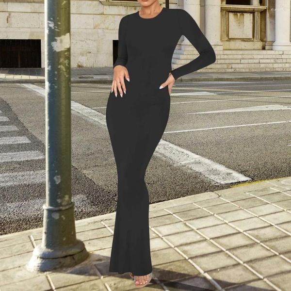 Повседневные платья Облегающее платье макси Женское длинное облегающее платье с круглым вырезом в рубчик Элегантный легкий эластичный повседневный наряд Уличный костюм