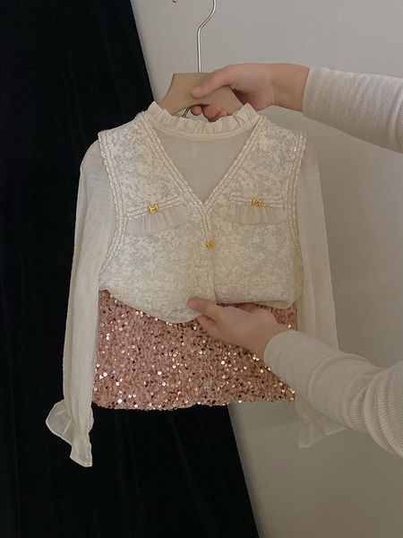 Set di vestiti da principessa per bambina T-shirt con maniche svasate con colletto con volant per bambini con gilet ricamato in pizzo 2 pezzi gonna corta con paillettes per bambini Z7062