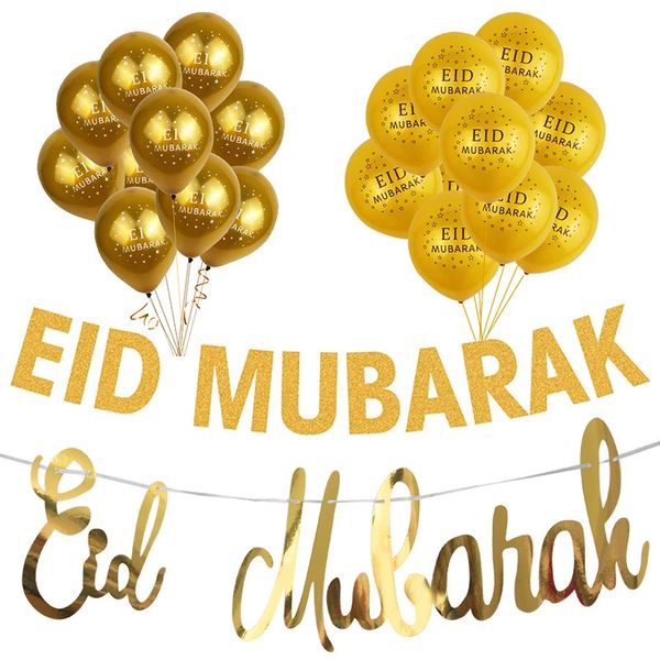 Eid mubarak decoração preto ouro bunting guirlanda banner com balões fontes de festa feliz ramadan casa decorações eid 240301