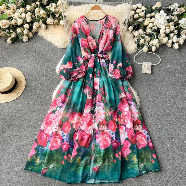 Sexy Kleider Neue Sommerurlaub Chiffon Maxikleid Damen Tiefer V-Ausschnitt Puffärmel Blumendruck Schnürgürtel Lange Robe Party Vestidos 2024