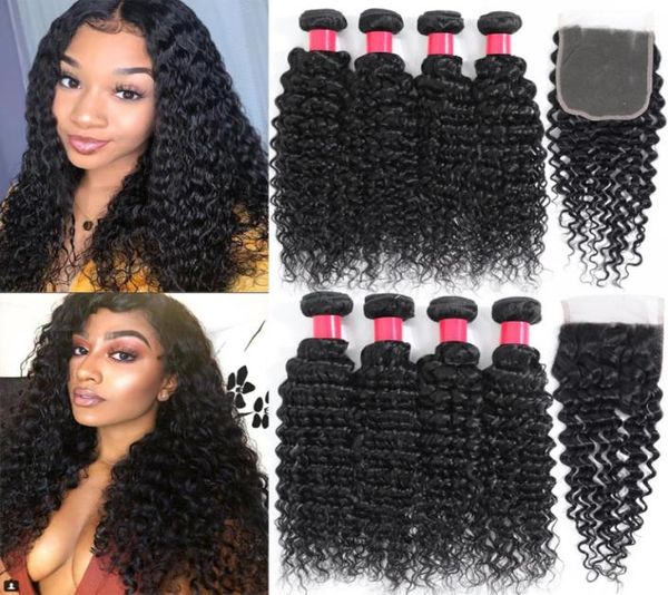 9A Cabelo Virgem Brasileiro 3 Pacotes Com Fechamento de Renda 4x4 Profunda Onda Encaracolada Extensão Do Cabelo Humano Bundles9546009