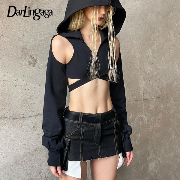 Толстовки Darlingaga Grunge Gothic Bandage Осенняя толстовка с капюшоном Женская уличная толстовка с вырезами Короткий джемпер с открытыми плечами