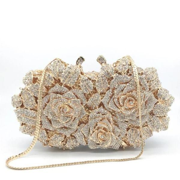 Abendtaschen Schillernde Frauen Gold Rose Blume aushöhlen Kristall Metall Kupplungen Kleine Handtasche Geldbörse Hochzeit Clutch Bag Diamond249I