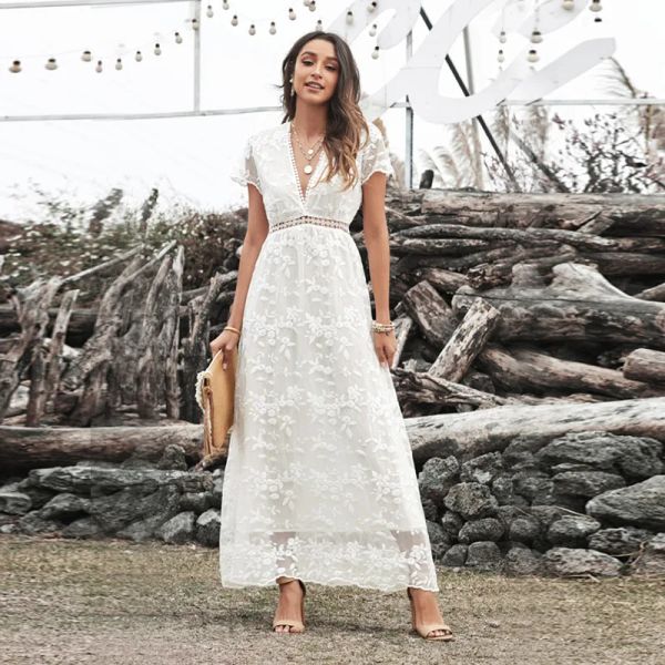 Skirt 2021 Summer Boho Women Maxi Dress Abito sciolto Grovini bianchi in pizzo bianco Tunic Tunic Beach Dress Vacate Domande da donna Abbigliamento