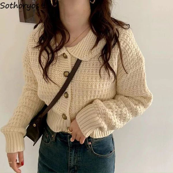 Strickjacken Frauen Kawaii Strickjacke Crop Top Peter Pan Kragen Solide Lose Grundlegende Gemütliche Pullover S3XL Weiche Teenager Mode Weibliche Strickwaren Neue