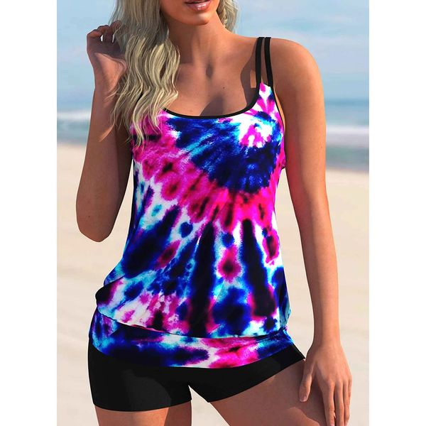 Sommer rückenfreies Beachwear-Bikini-Set, sexy Badekleid, zweiteilige Badebekleidung, modischer Aurora Tiedye-Druck, Hosenträger-Tankini 240229