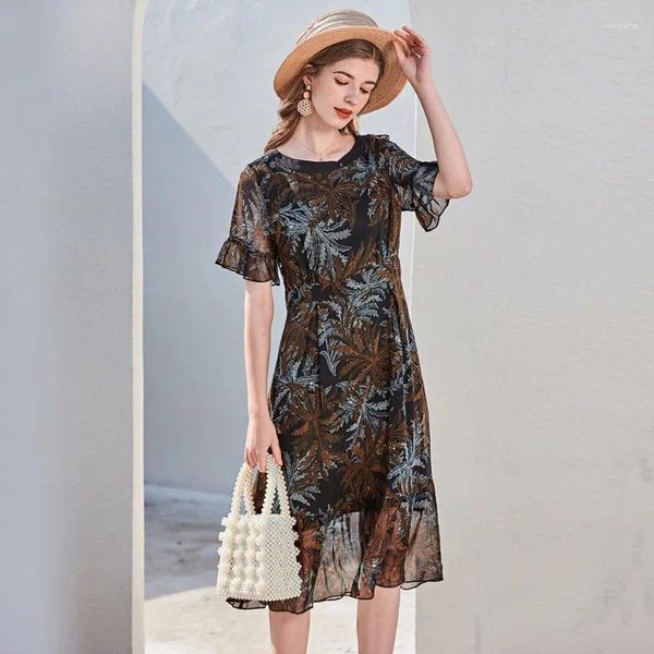 Casual Kleider Blätter Drucken Schwarz Seide Floral Maxi Kleid Frauen 2024 Sommer Lange Arbeit Boho Strand Büro Sexy Party Luxus plus Größe