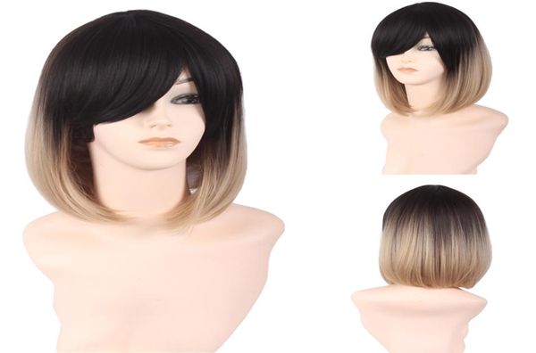 Mulheres médio reto peruca sintética cabelo feminino preto marrom gradiente bobo resistente ao calor perucas cosplay ombre cor com bang se9732490