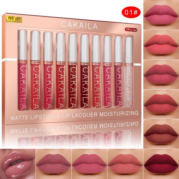 CAKAILA 25 g x 10 Stück mattflüssiger Lippenstift, langanhaltender Lippenfarbglanz, antihaftbeschichteter Cup-Lipgloss, Set in 2 Editionen1612595