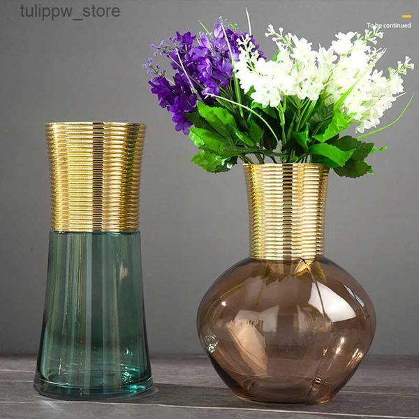 Vasi Vaso di vetro in metallo Oro rotondo Disposizione dei fiori Accessori Vaso di fiori Arredamento per la casa Decorazione Terrario trasparente L240309