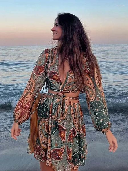 Vestidos casuais ayualin vintage boho floral impressão verão 2024 sexy profundo v vestido de manga longa para mulheres férias praia desgaste mini vestidos