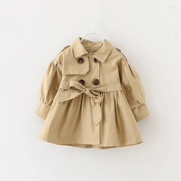 Ceket kızlar trençkot bebek moda yaka uzun kollu dış giyim bahar sonbahar çocuklar düz renkli pamuk orta uzunlukta ceket 7m-3y