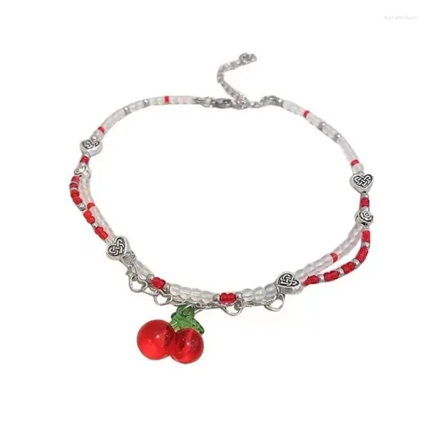 Anhänger Halsketten Y2K Rote Kirsche Herz Perlen Choker Halskette Frauen Böhmischen Perlen Vintage Egirl Schmuck