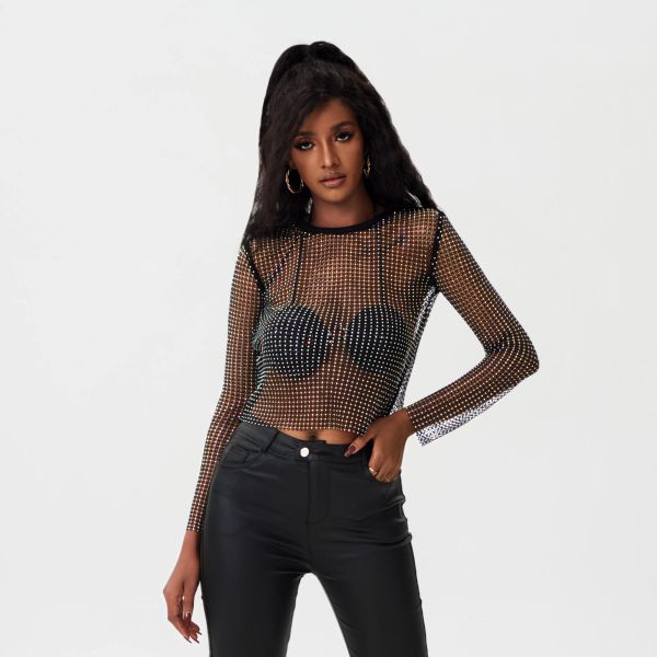 T-shirt Leqoel Sexy Crystal Diamond Tee Stretch Mesh Top manica lunga Hollw Out Camicia nera 2023 Nuovo look