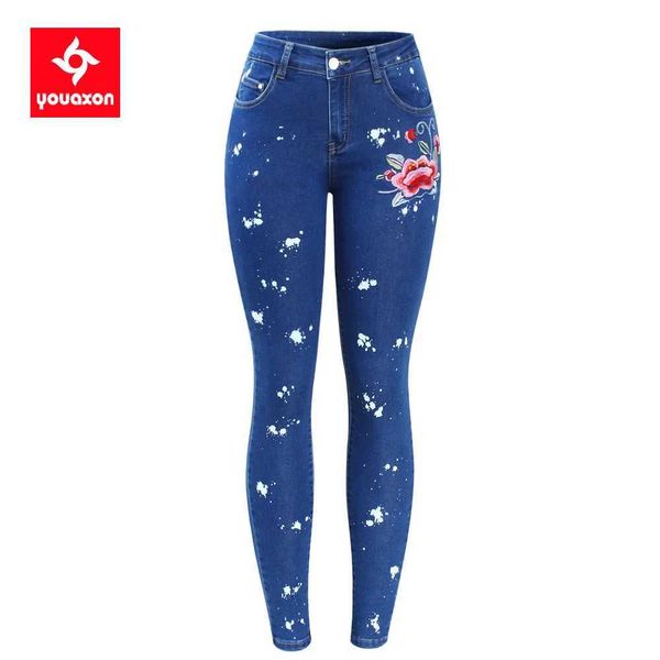 Jeans femininos 2108 Youaxon floral pintado jeans bordado com espinhos calças jeans elásticas femininas jeans apertados J240306