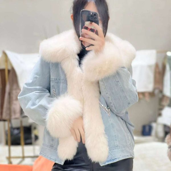 2023 Nuovo Inverno Edizione Coreana Capelli di Volpe Denim Ispessito Piumino D'oca Cappotto Corto da Donna Extra Large Collo di Lana Pelliccia Sciolta 329724