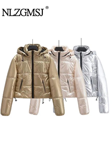 Parkas Nlzgmsj TRAF Woman Crop Hooded Puffer Jacket Silver Long Sleeves Zipper Parka 2024 Winter Short Jacket Oberbekleidung