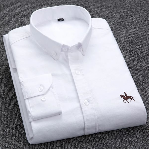 Oxford-Hemd aus 100 % Baumwolle, langärmelig, besticktes Pferd, lässig, ohne Tasche, einfarbig, gelbes Hemd für Herren, Übergröße S-6XL, 240306