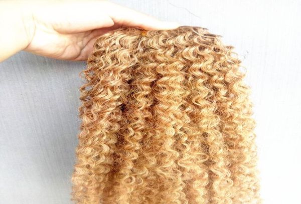 Brasilianische menschliche Jungfrau-Remy-Haarverlängerungen mit verworrenen Locken, dunkelblond, 27 Farben, Haareinschlagfaden, 23 Bündel für den ganzen Kopf. 6179121