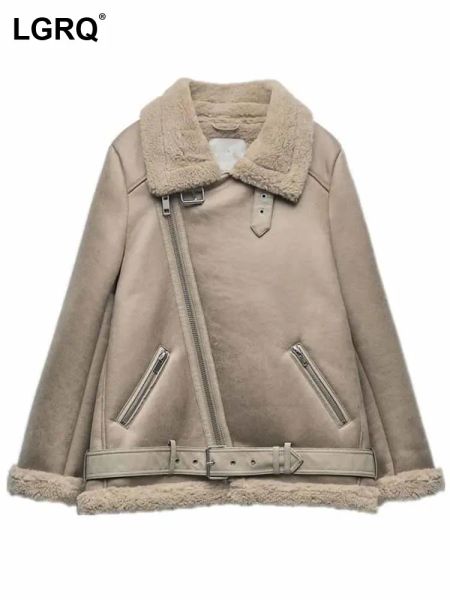 Giubbotti LGRQ 2024 Moda Inverno Cappotto in shearling Cappotto asimmetrico con cerniera Design Trendy Street Giacca termica con collo in pelle 19Z1054