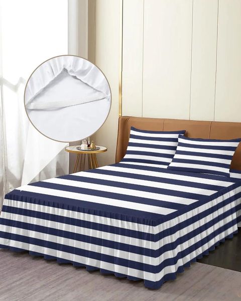 Bettrock, marineblau, weiß gestreift, elastische Tagesdecke mit Kissenbezügen, Schutz, Matratzenbezug, Bettwäsche-Set, Bettlaken