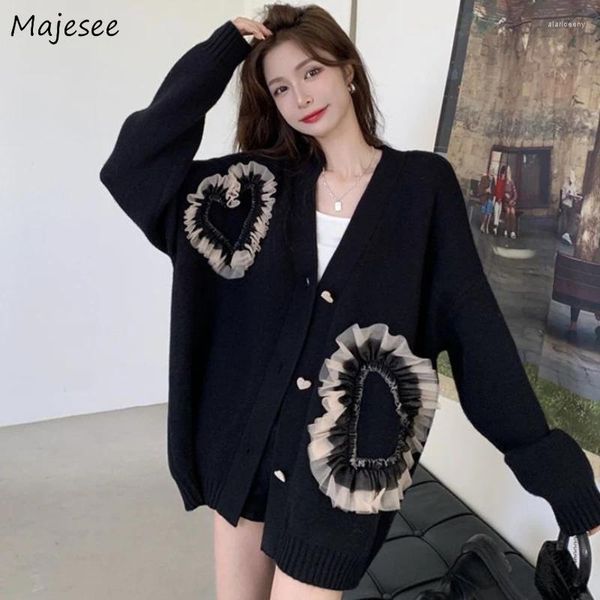 Cardigan lavorato a maglia da donna Maglioni larghi chic con scollo a V lavorato a maglia addensato semplice impiombato Kpop Trendy autunno Outwear Vintage Heart All-match