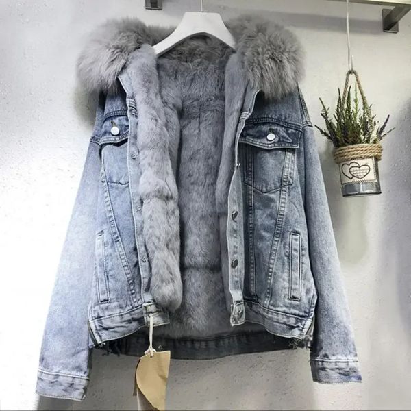 Pelz Denim Frauen Mantel Nachahmung Kaninchen Pelzmantel Abnehmbarer Kragen Kunstpelz Mantel Gepolsterte Jacke Einreiher Jacke für Frauen Winter