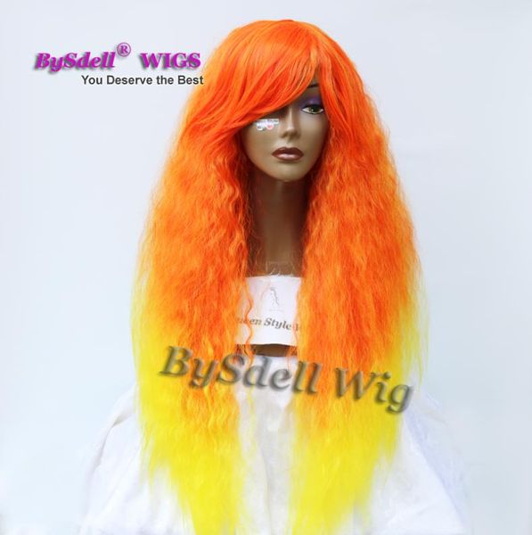 Uzun Sıkıştırma Mezuniyet Kesim Ombre Renk Saç Peruk Frizzy Kinky Kıvırcık Turuncu Ombre Sarı Saç Saç Deniz Kızı perukları FAS7226908