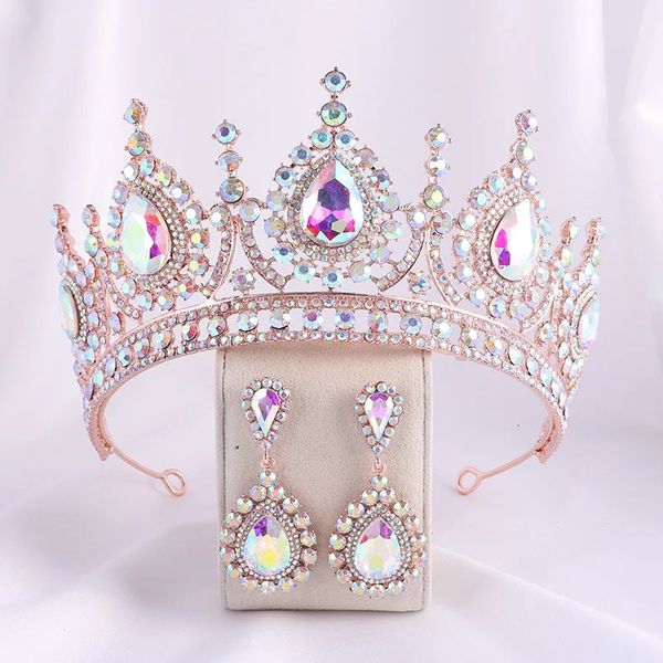 Barocco oro rosa AB colore strass cristallo regina corona con orecchini diademi nuziali donne spettacolo di bellezza diadema gioielli per capelli 240305