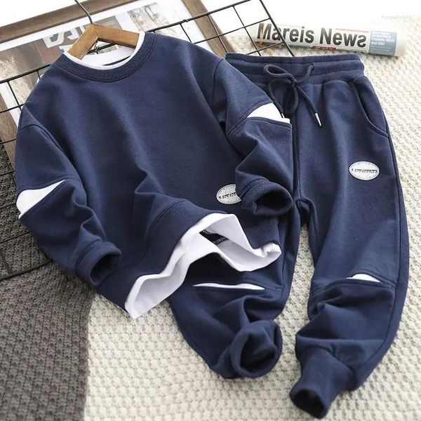 Conjuntos de roupas Primavera Outono Patchwork Crianças Meninos Falso Dois Peça Moletom Sweatpant Adolescente Tracksuit Criança Jumper Pant Jogger Ternos