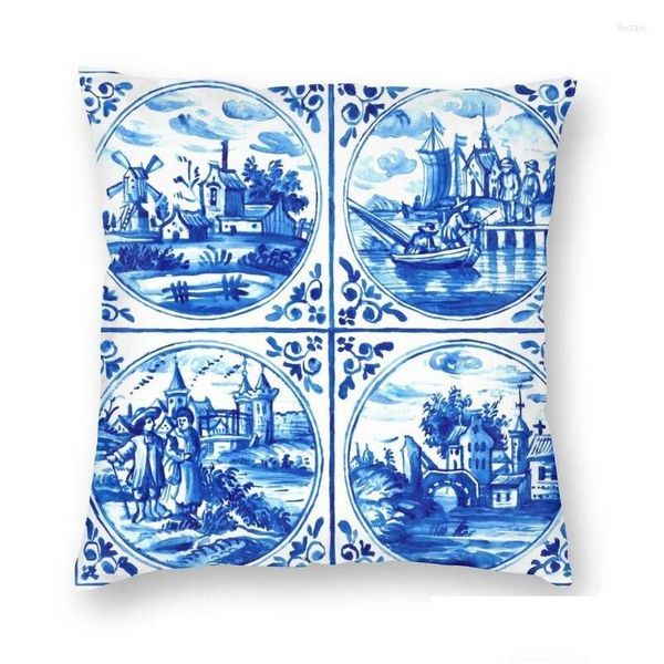 Almofada / Travesseiro Decorativo Moderno Holandês Delft Blue Tiles Sofá Er Macio Vintage Veleiro Moinhos de Vento Art Throw Case Decoração Drop Deliv Dhap7