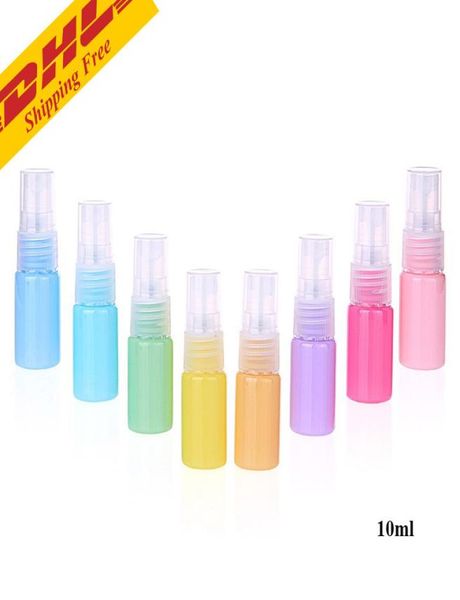 Dhl 10ml macarons cor viagem transparente plástico spray garrafa atomizador pequeno mini bomba vazia garrafa recarregável para a pele car7736889